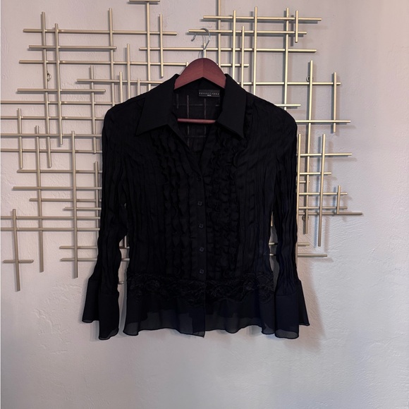Apostrophe Petite Black Sheer Ruffle Lace Blouse M - Picture 2 of 10